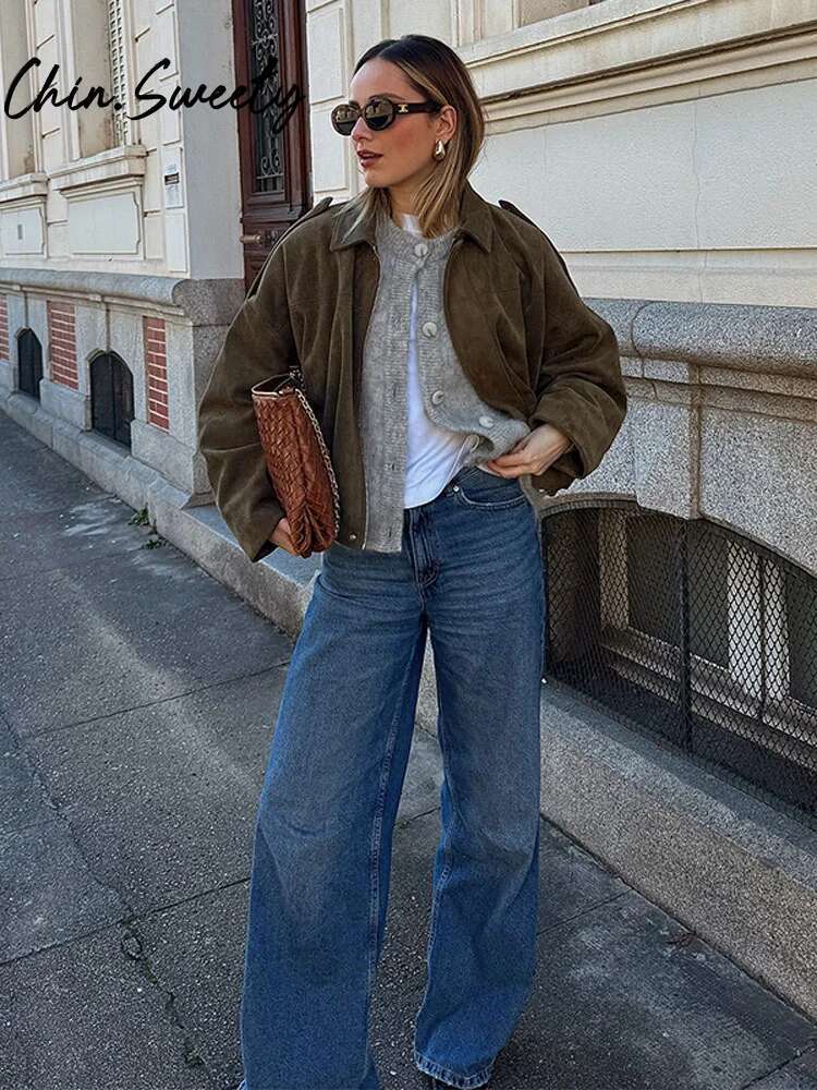 Vintage Suede Solid Women Jacket Casual Lapel Zippers Covered Button Female Coats 2025 Spring Autumn Street Lady Outwear