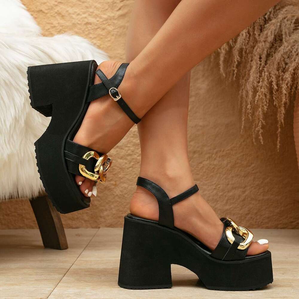 Spring/Summer New Slope Thick Sole Fashion Large Heel Gold Chain Buckle Women's Sandals