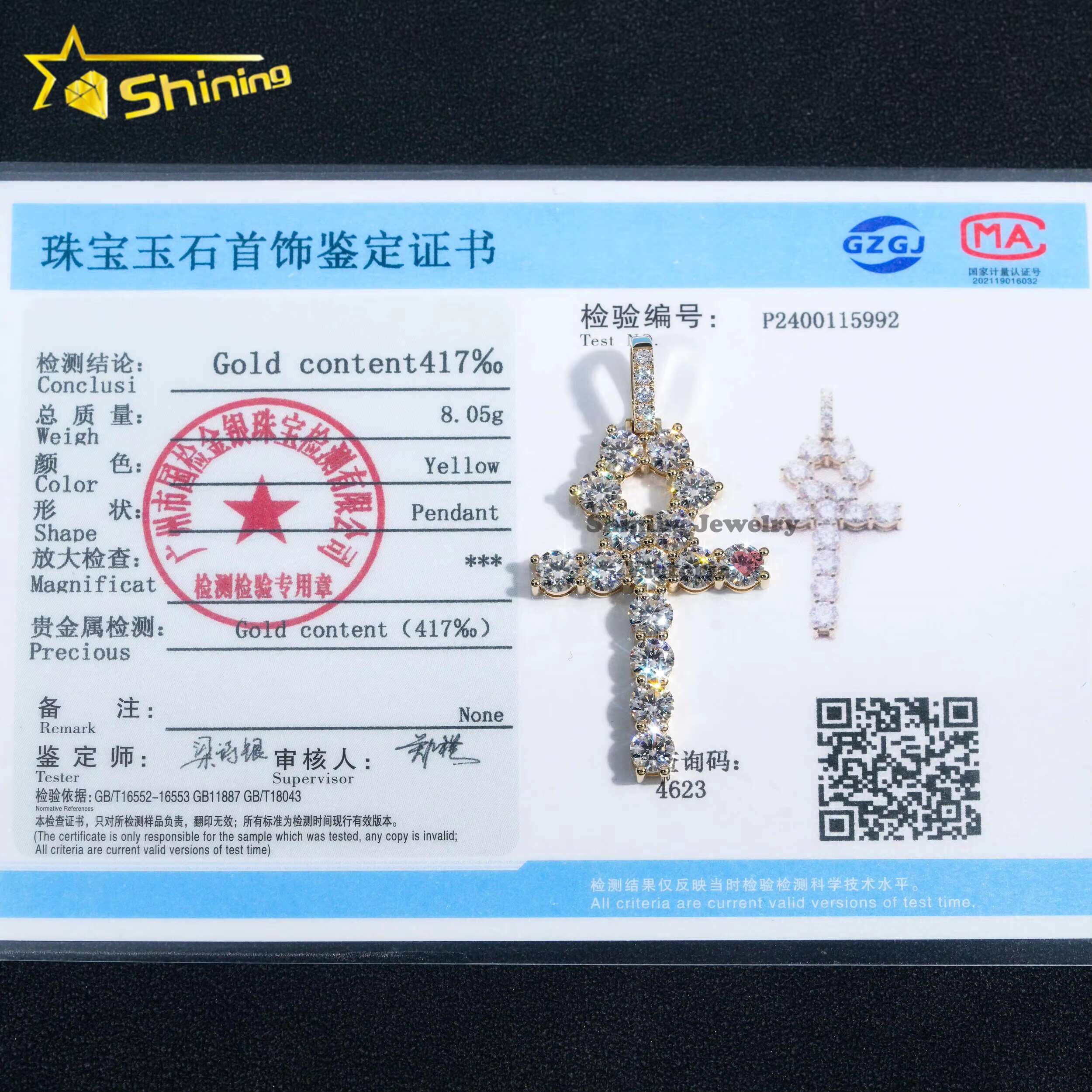 Custom Top Quality Certified Tennis Chain Diamond Hip Hop Solid Gold Jewelry 10k 14k 18k Real Gold Vvs Moissanite Cross Pendant