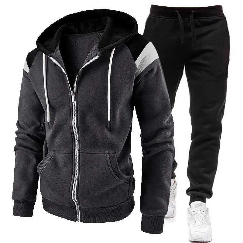 New autumn and winter velvet mens color blocked zipper hooded sweatshirt sweatpants casual sports suit J251104