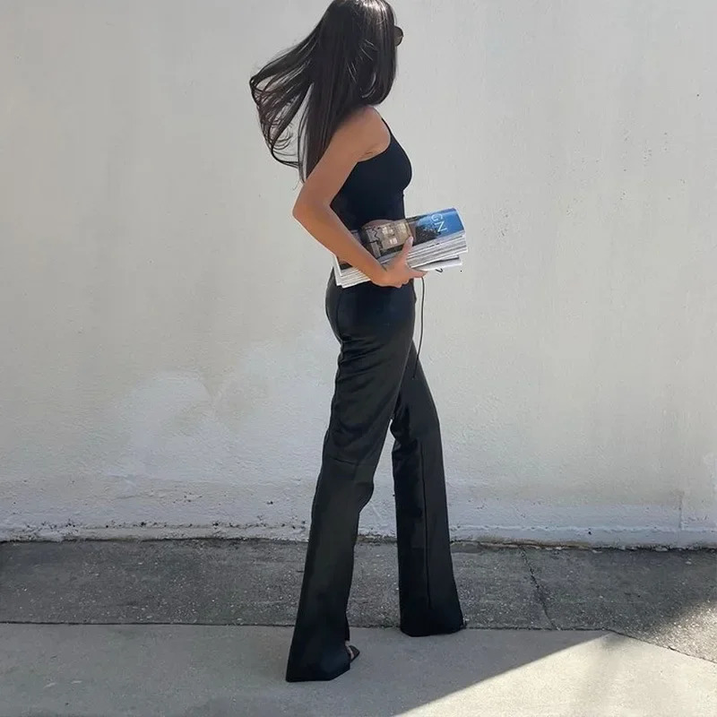 Sexy Low Waist PU Leather Straight Pants Women Slim Lace Up Pants Hem Split Ladies Party Floor-length Trousers Clubwear Street 250403