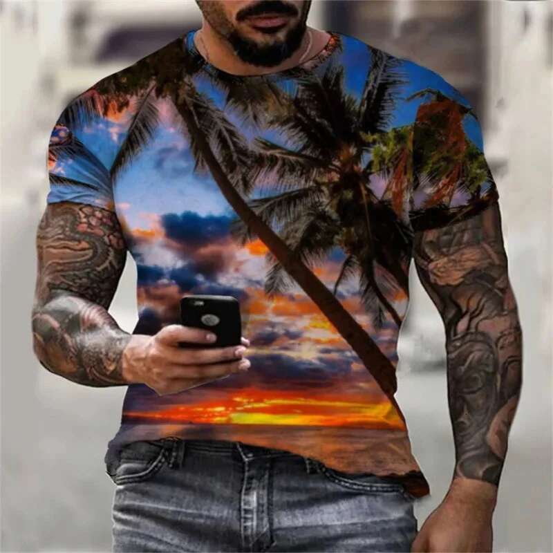 Fashionable and Lnteresting Beach Palm Pictures For Men's T-Shirts Trend Digital Printing Casual Round Neck Short Sleeved