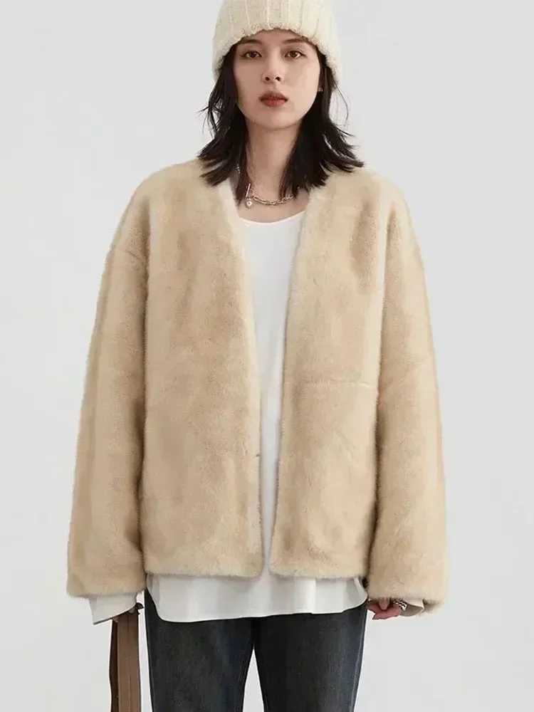 CHIC VEN Womens Jacket Loose Casual Solid Overcoat New Female Plush Coat Vneck Woman Outerwear Autumn Winter 2023 J251103