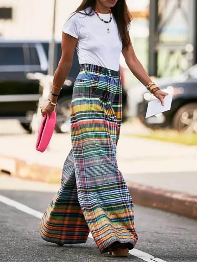 Missuoo 2024 New Female Vintage Multi-Colored Plaid Spring And Summer Loose Casual Or-Length Wide Leg Pants For Women