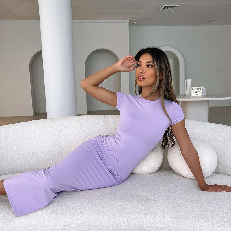 M23DS760 European and American women's solid color round neck slim fit short sleeved dress wholesale 2025 new casual fashion trend clothing