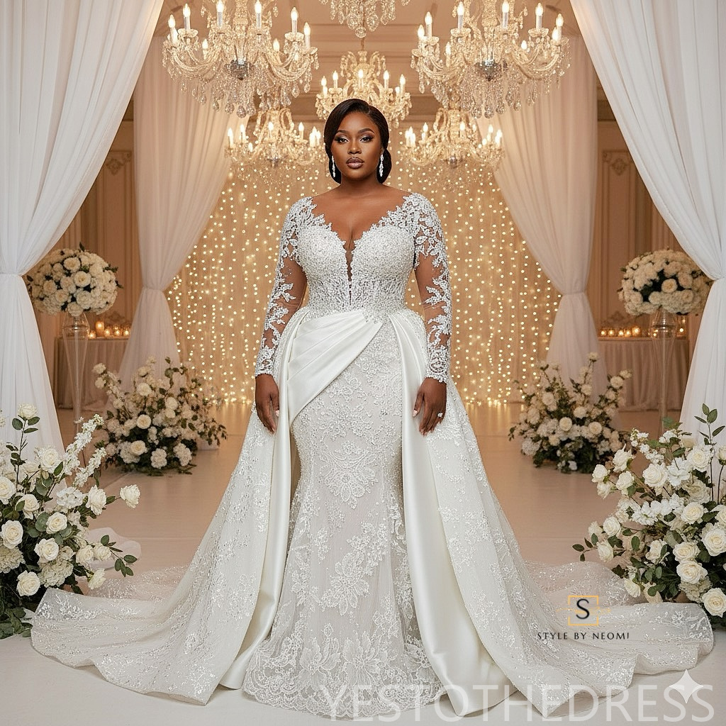 2026 Plus Size Mermaid Wedding Dress For Bride Bridal Gowns Lace Sheer Neck Detachable Train Appliqued Beaded Lace Crystals Wedding Gowns for Black Wo