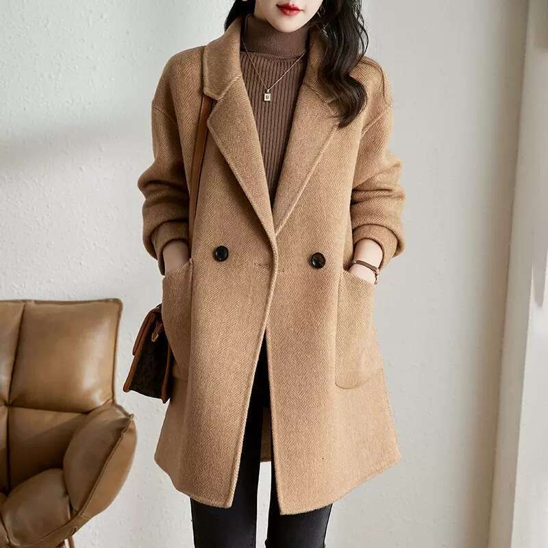 Autumn Winter New Korean Style Elegant Thickened Mid-Length Herringbone Wool Coat For Women B5