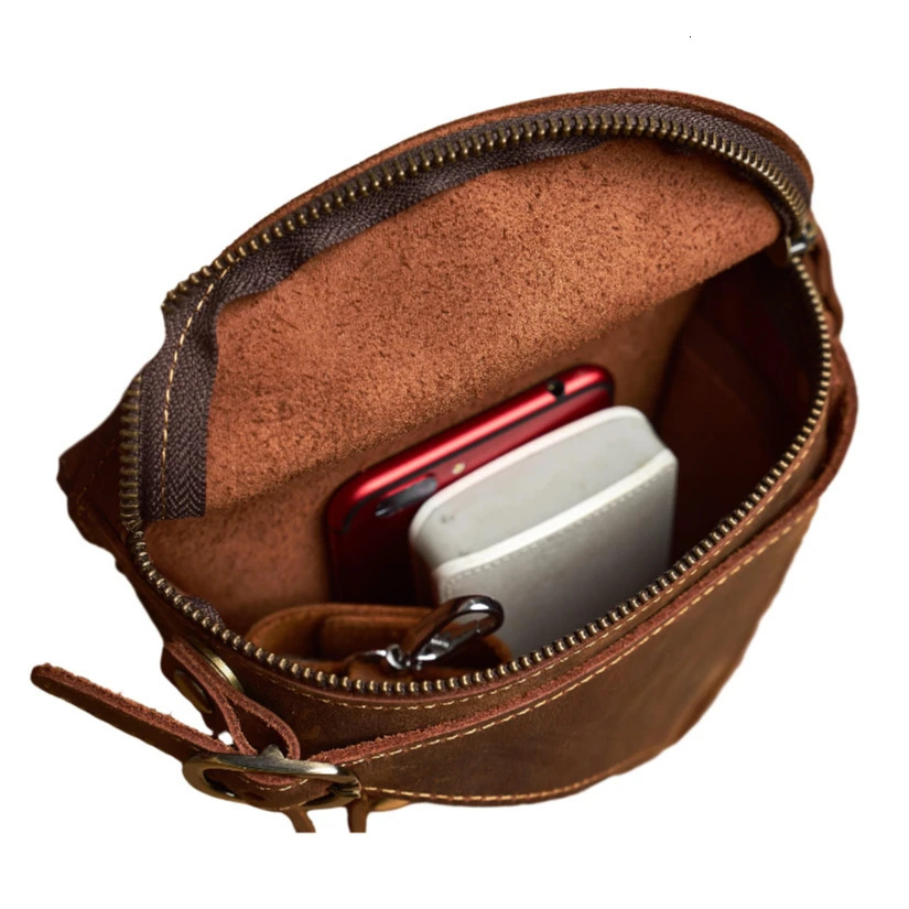 NUPUGOO Genuine Leather Mens Waist Bag Casual Belt Pouch Phone Bag Crazy Horse Leather Fanny Pack Vintage Motorcycle Bag251023