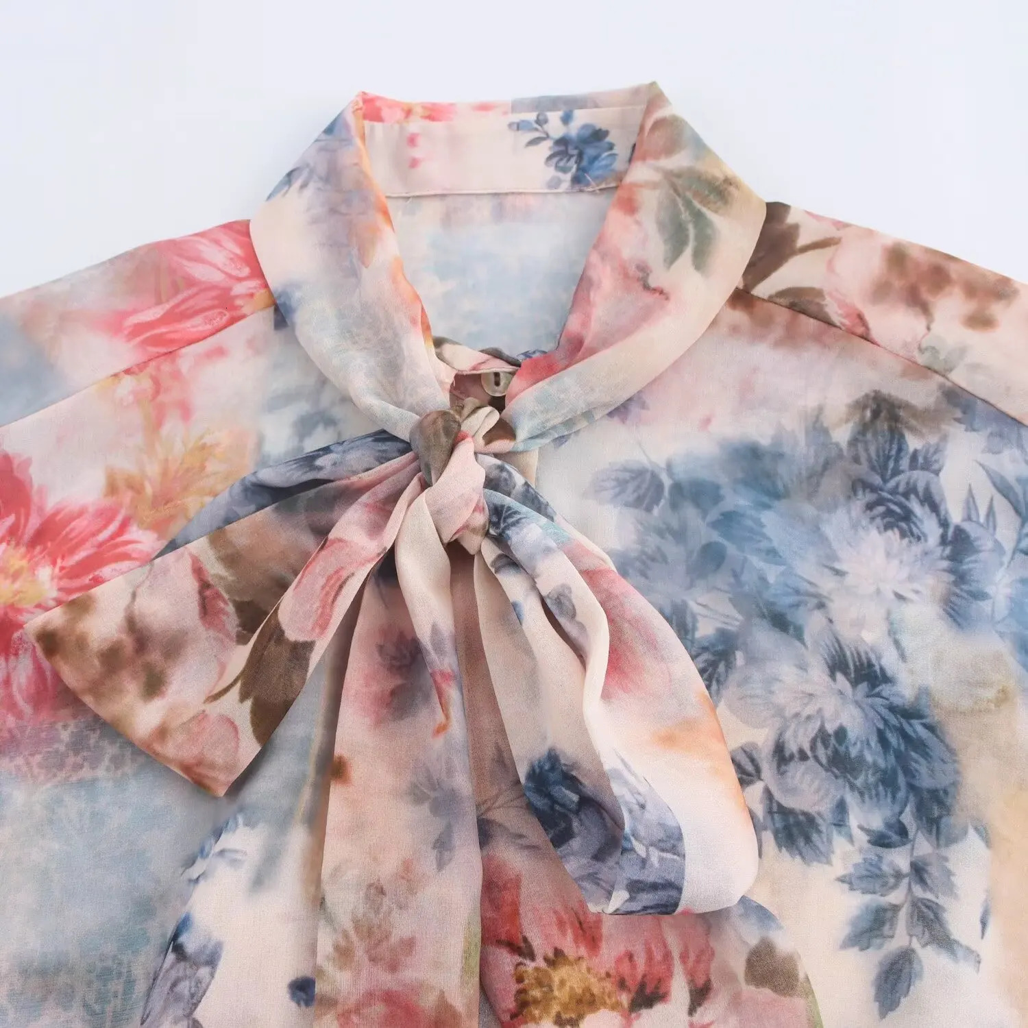 autumn womens clothing European and American style bow decoration floral print loose casual shirt 250402
