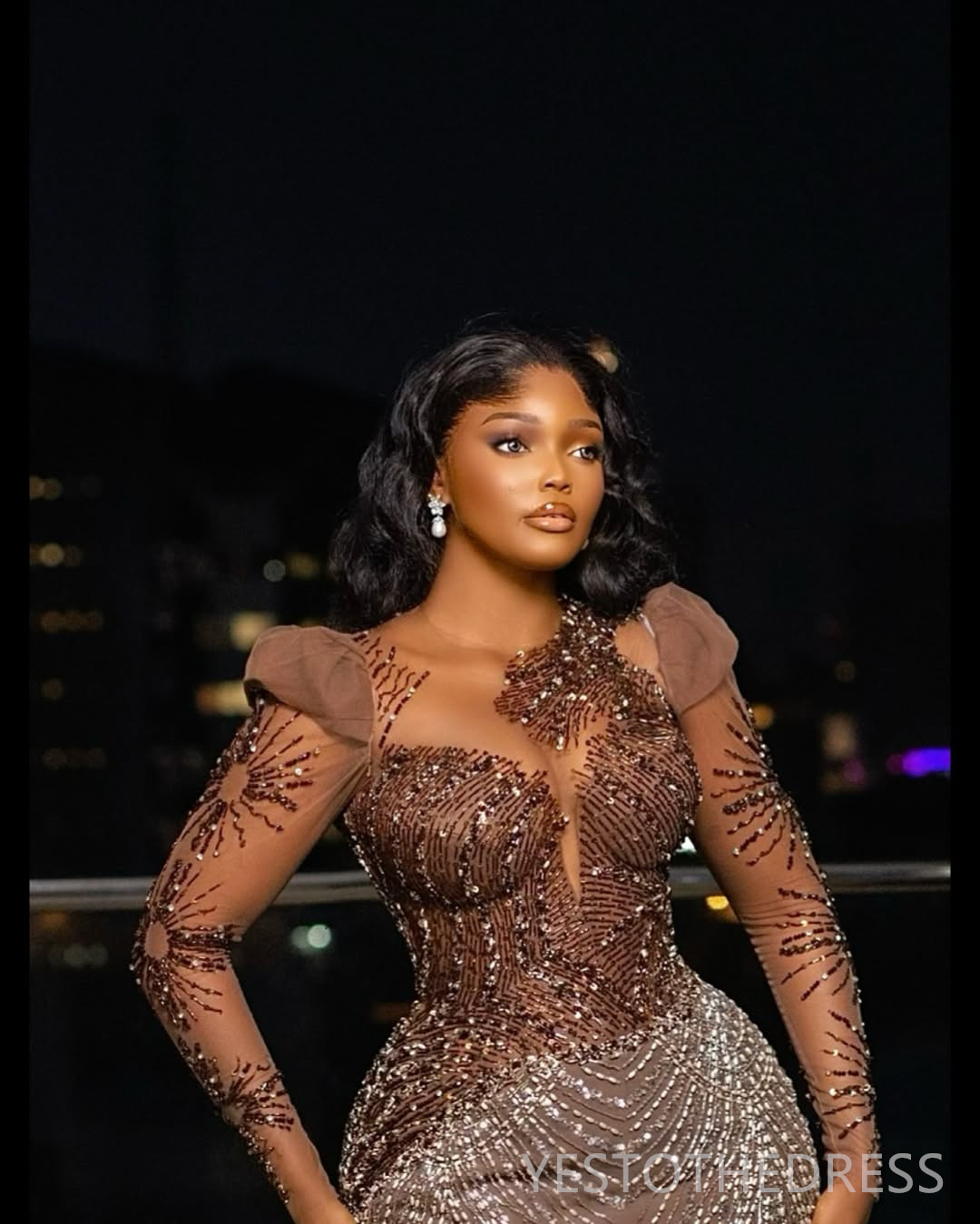 2025 Plus Size Brown Prom Dress Mermaid Prom Dresses Evening Formal Gowns Long Sleeves Sheer Neck Beaded Lace For Black Women Birthday Second Receptio