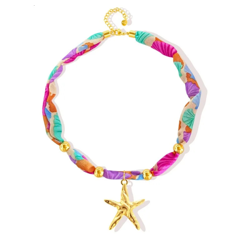 Boho Choker Necklace for Women Mom Waterproof Stainless Steel Conch Starfish Charm Scarf Colorful Ribbon Pendant Jewelry 251031