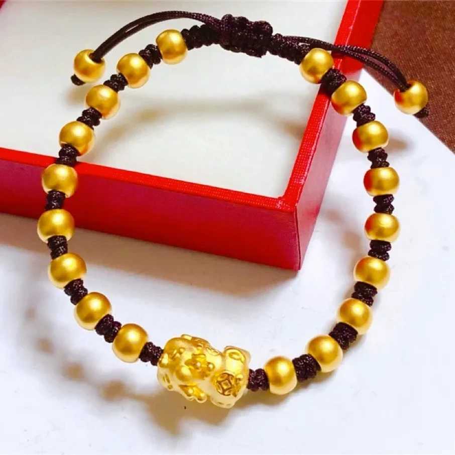 Chinese Pixiu Lucky Bead Gold 24K Gold AU999 Womens Translucent Beads Matte Pixiu Adjustable Cord Birth Year C251105