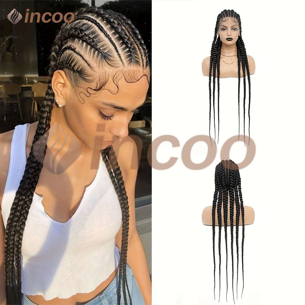 36 Inches Full Cornrows Braided Wigs Women Lace Frontal Jumbo Faux Locs Box Braids Wig For Daily Use