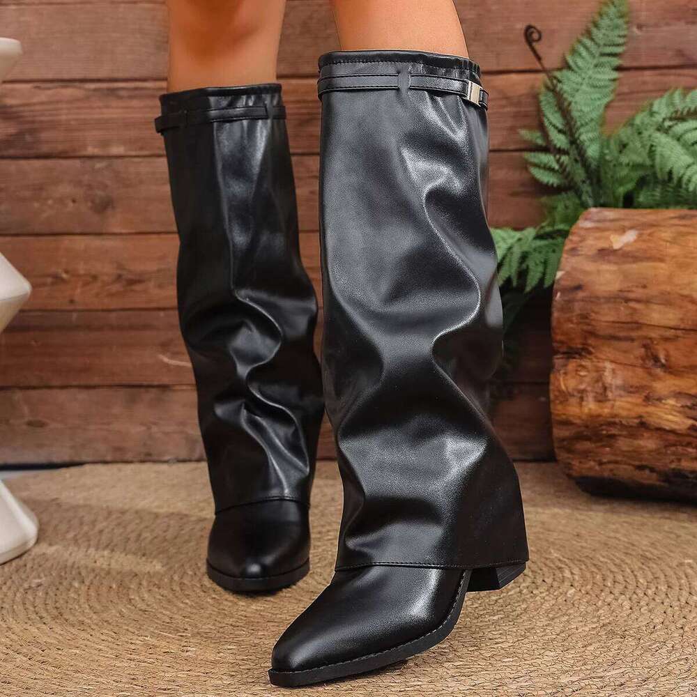 Fashion Fold Over Knee for Women Slip On Chunky High Heel Shark Boots Woman Wide Leg PU Leather Long Botas Mujer 2025
