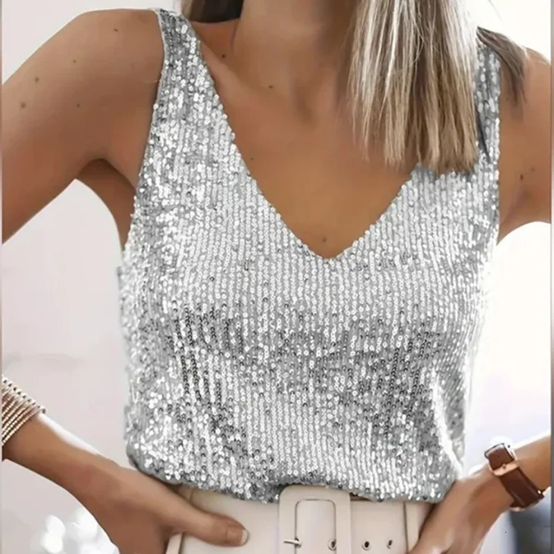 Womens sexy deep V-neck vest elegant sleeveless pull-out monochrome shiny sequins loose top fashionable summer 250403