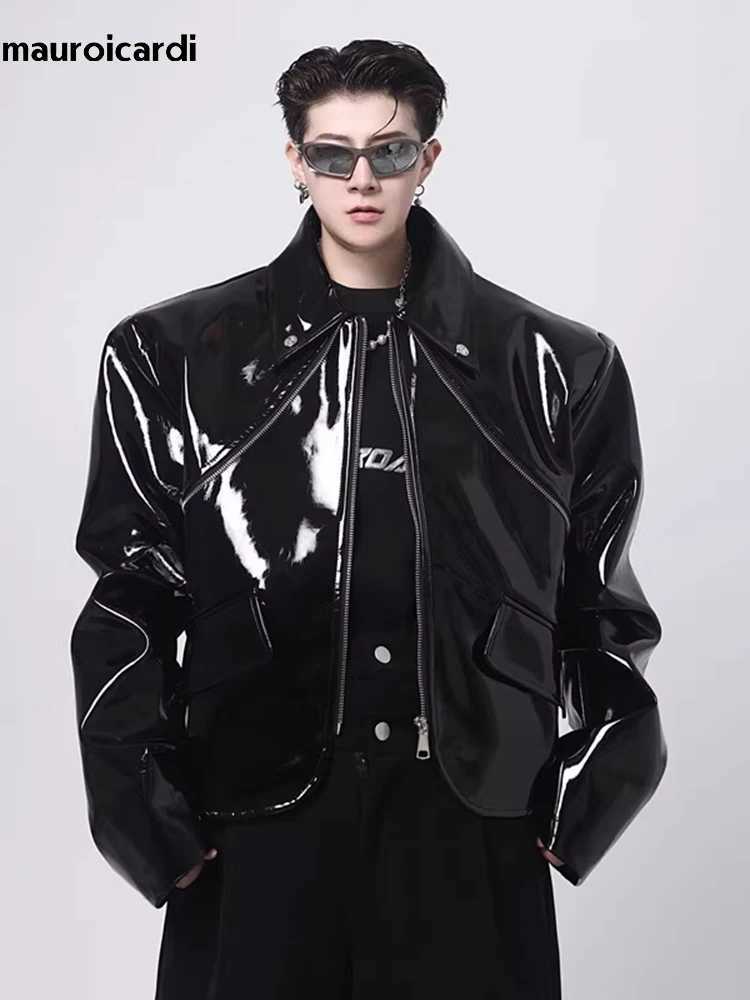 Mauroicardi Spring Autumn Cool Loose Short Black Shiny Reflective Patent Faux Leather Jacket Men Zipper Luxury Designer Clothes C251105