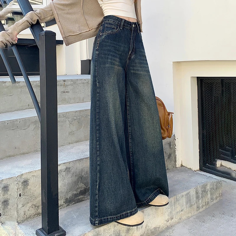 Womens loose retro casual denim Trouser streetwear womens high waisted straight jeans 250403