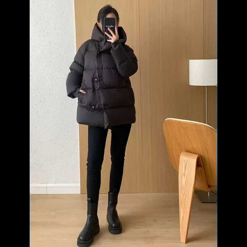 Mid-length Coats for Women Loose Hooded Outerwear Feather Coats Casual and Simple Korean Fashion Winter 2024T251105