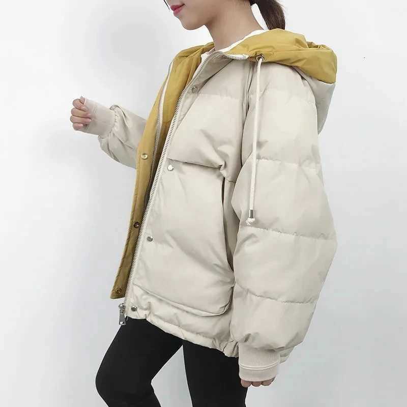 2024 Winter Korean Warm Female Puffer Coat Pocket Solid Parkas Padding Long Sleeve Thick New in Outerwears Hooded Womens JacketT251105