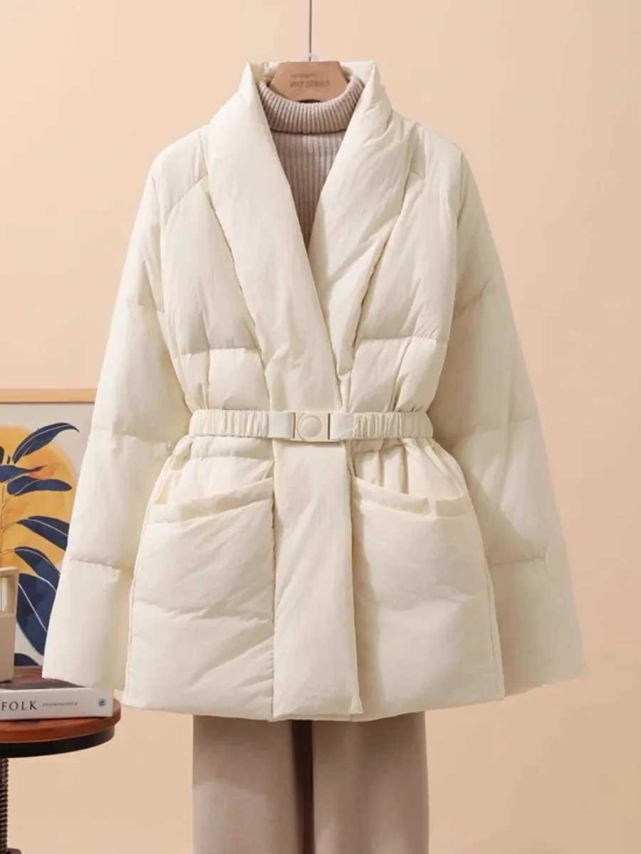 Women White Duck Down Jacket Casual Loose Belt V-neck Collar Fashion Autumn Winter Outwear Korean Style Coat 2026 NewT251105