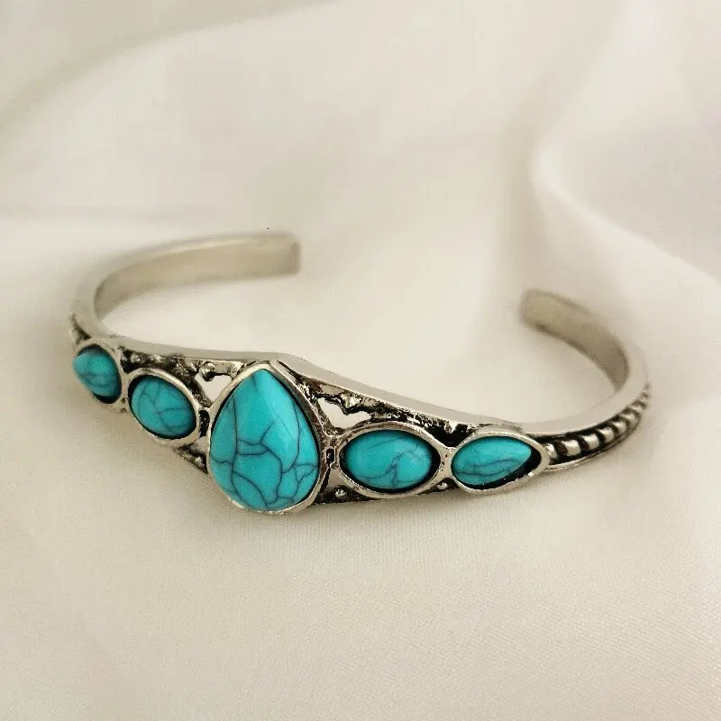 1pcs style personality retro turquoise carved hollow geometry light accessories bracelet adjustable opening bracelet 251031