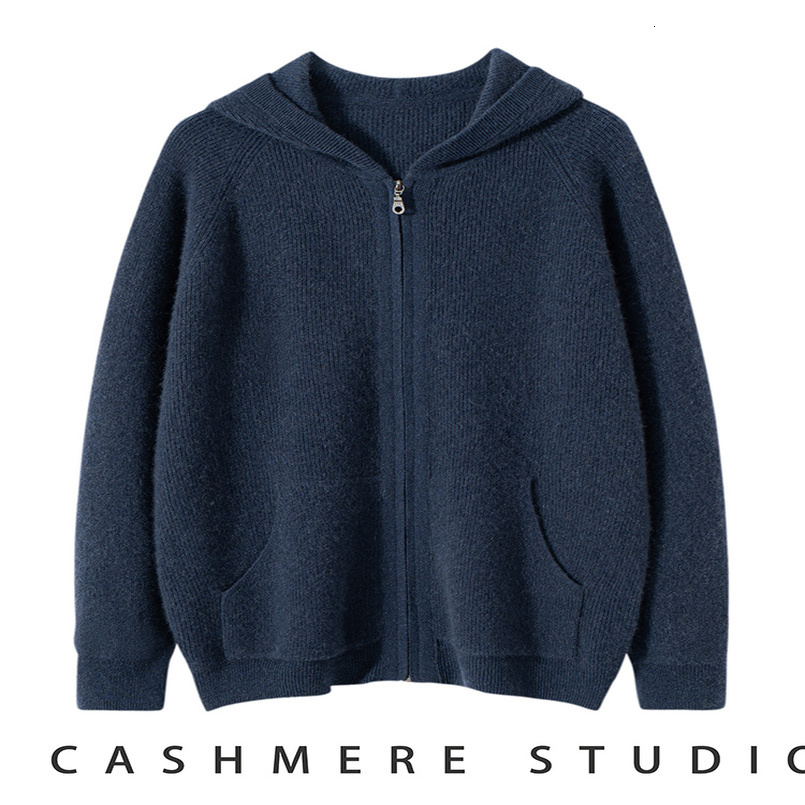 Mens Autumn Winter Cashmere Sweater Zippers Hooded Cardigan Jacquard Casual Pockets 100 Knitwear Raglan Sleeve Tops 251023