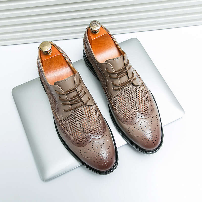 Summer mesh breathable casual plus size fashionable men's new leather shoes, hollow block business shoes