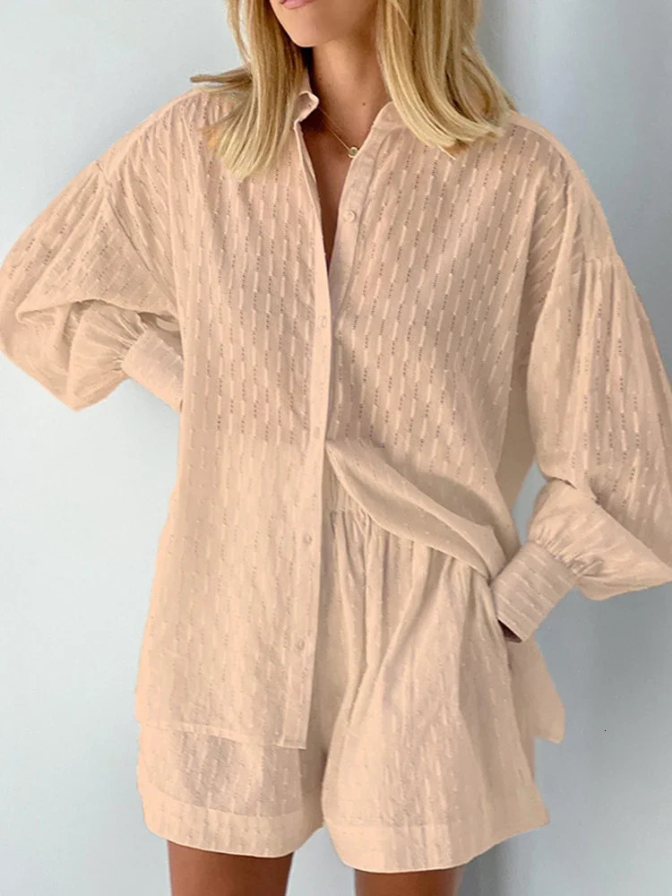 Casual Jacquard Shorts Set Womens Summer Loose Long Sleeve Shirt 2-piece Set Hawaiian Style Shorts 2-piece Set 250402