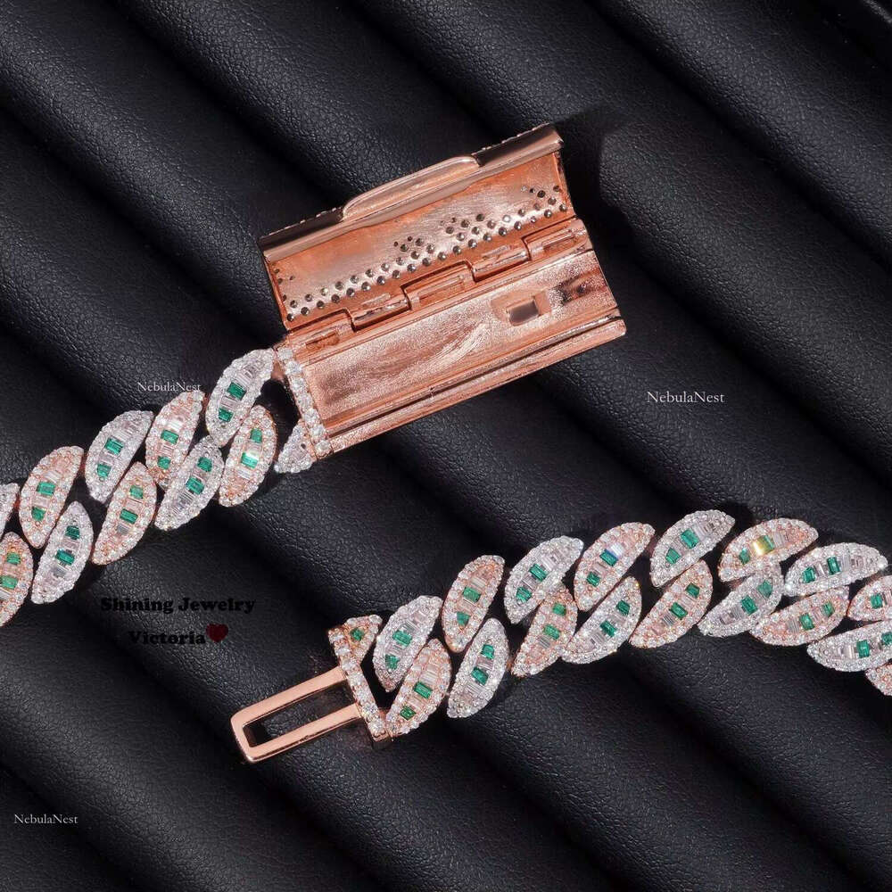 16mm Width Iced Out Sier Baguette Cut Color Mix White Moissanite Dia Miami Cuban k Chain