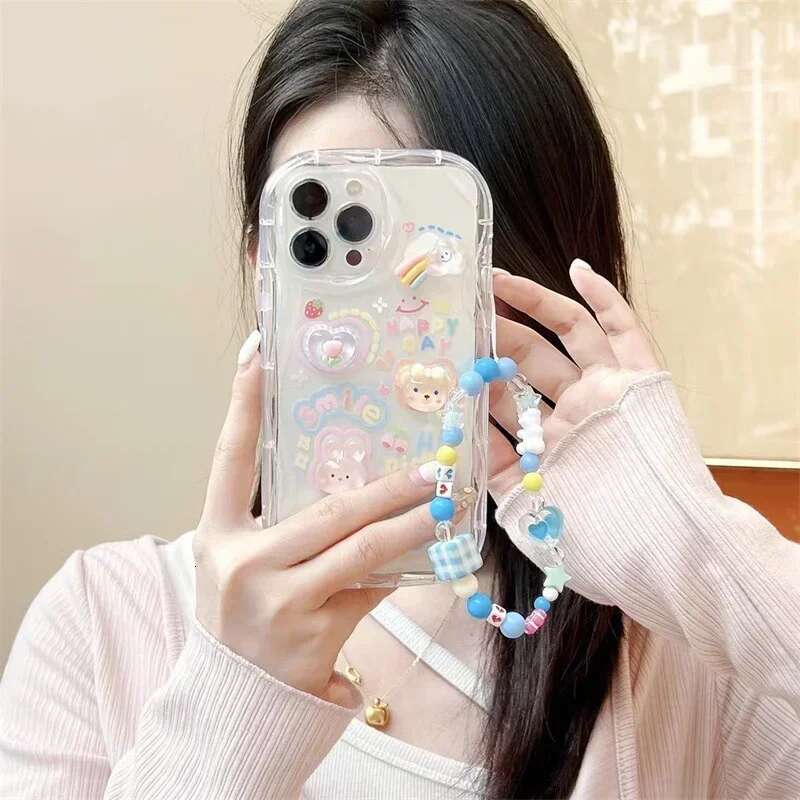 Korean 3D Bear Hang Phone Chain Lanyard Clear Soft Case For iPhone 16 15 14 Pro Max 11 13 12 Mini XR 8 7 Plus X XS SE Cute Cover