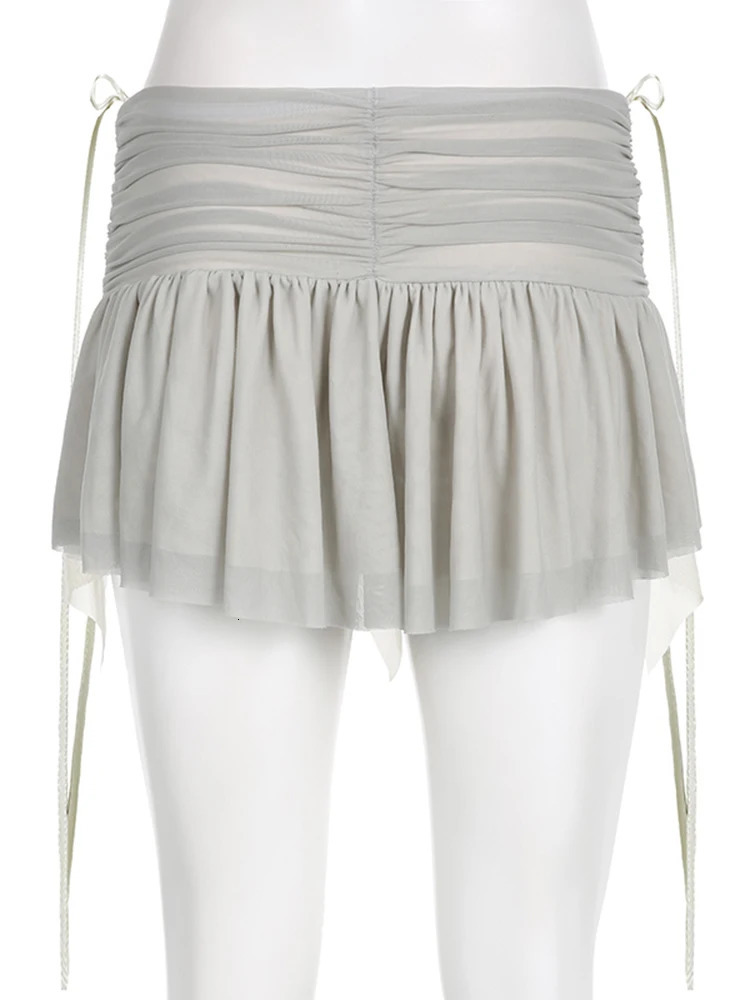 IAMSURE Vintage Folds Bandage A-Line Skirts Beach Style Slim Low-Waisted Super Mini Skirts Women 2025 Summer Fashion Streetwear 250402