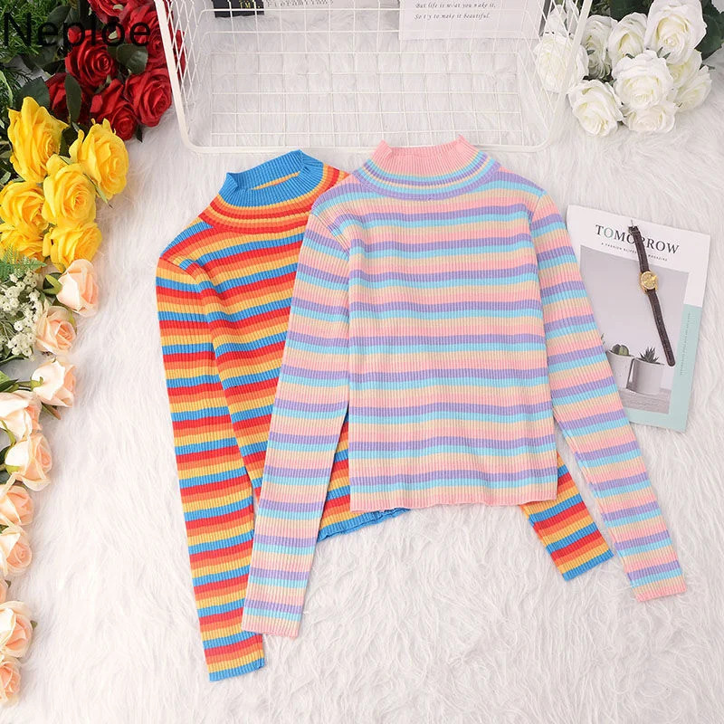 Neploe Rainbow Striped Sweater Y2K Cropped Tops Turtleneck Long Sleeve Pullover Women Sweaters Korean Patchwork Clothes Pull 251104