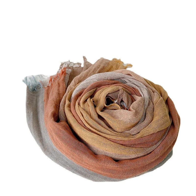 Stripe Linen Flax Tassel Scarf Women Foulard Summer Travel Long Shawl Lady Elegant Hijab 60*200CM 250403