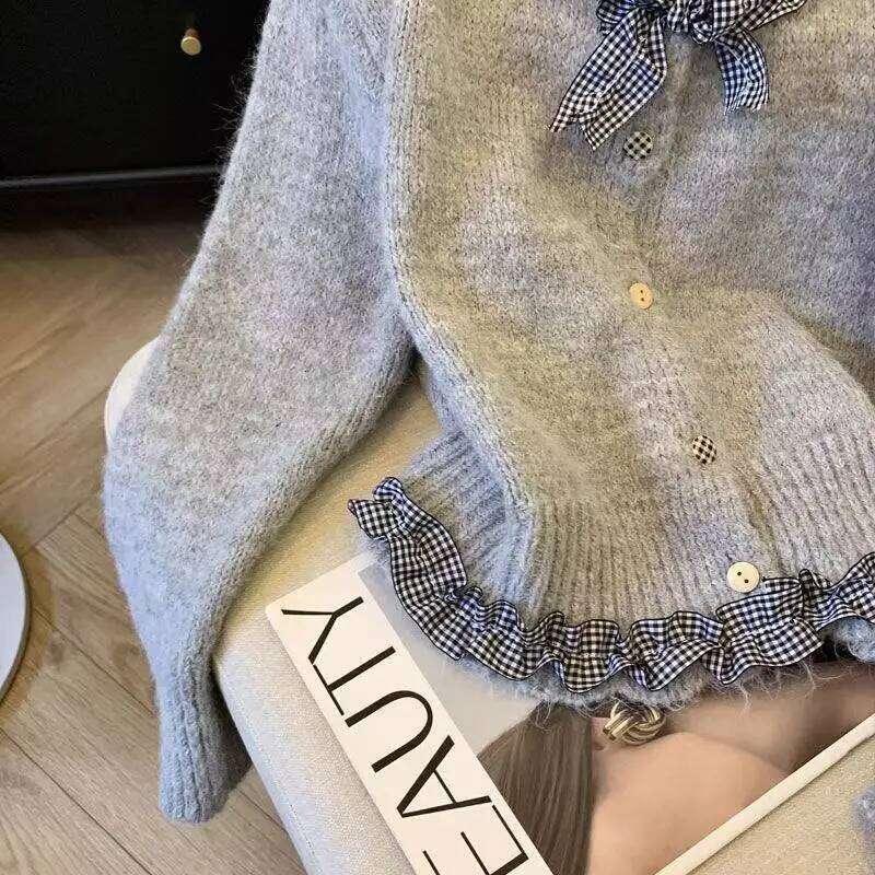 Women's Clothing Patchwork Ruffle Edge Bow Tie Cardigan Sweater For Women Autumn Winter Long Sleeved Sweet Chic Soft Knitted Top Designer Sweater