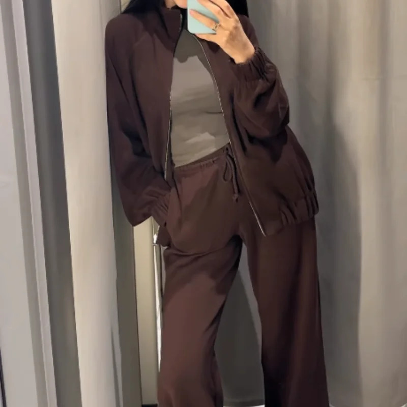 Casual Solid Womens Jacket Pant Set Women Zipper Full Sleeve Stand Collar Coat Drawstring Loose Trouser 2025 Autumn Lady Outfit 251105