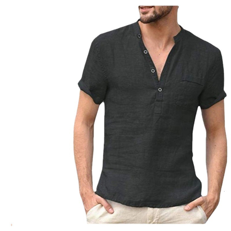 Mens solid color stand up collar half open collar thin short sleeved shirt top mens clothing