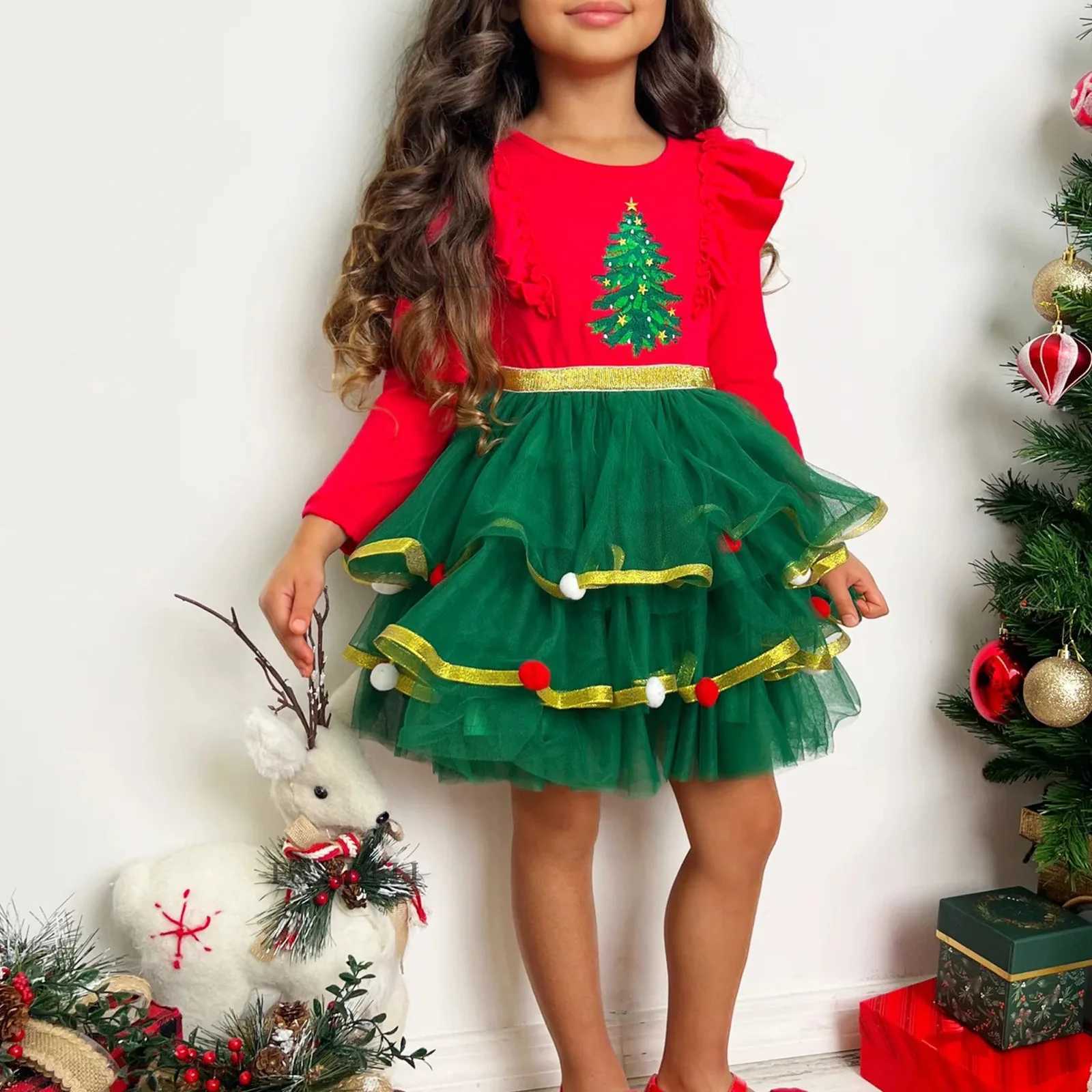 New Christmas Kids Dress Full Sleeve Cartoon Cute Ruffles Sequin Dresses Xmas Tree Printed Gift For Girls Princess Party Clothes C251105