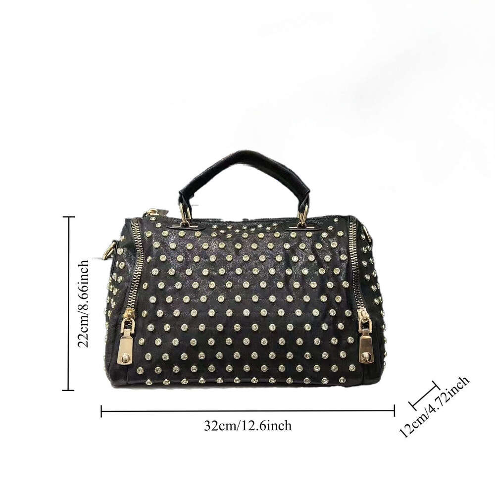 Ladies Fashion Elegant Nylon Tote Bag, Leopard Print, Full Dia Round Cylinder, Handmade Rhinestone, Boston Elegant, Single Shoulder, Brown, With Remov