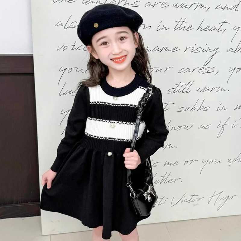 2025 New Korean Style Girls Knit Dress for Baby Girl Childrens Long Sleeve Spring Autumn Trendy Dress C251105