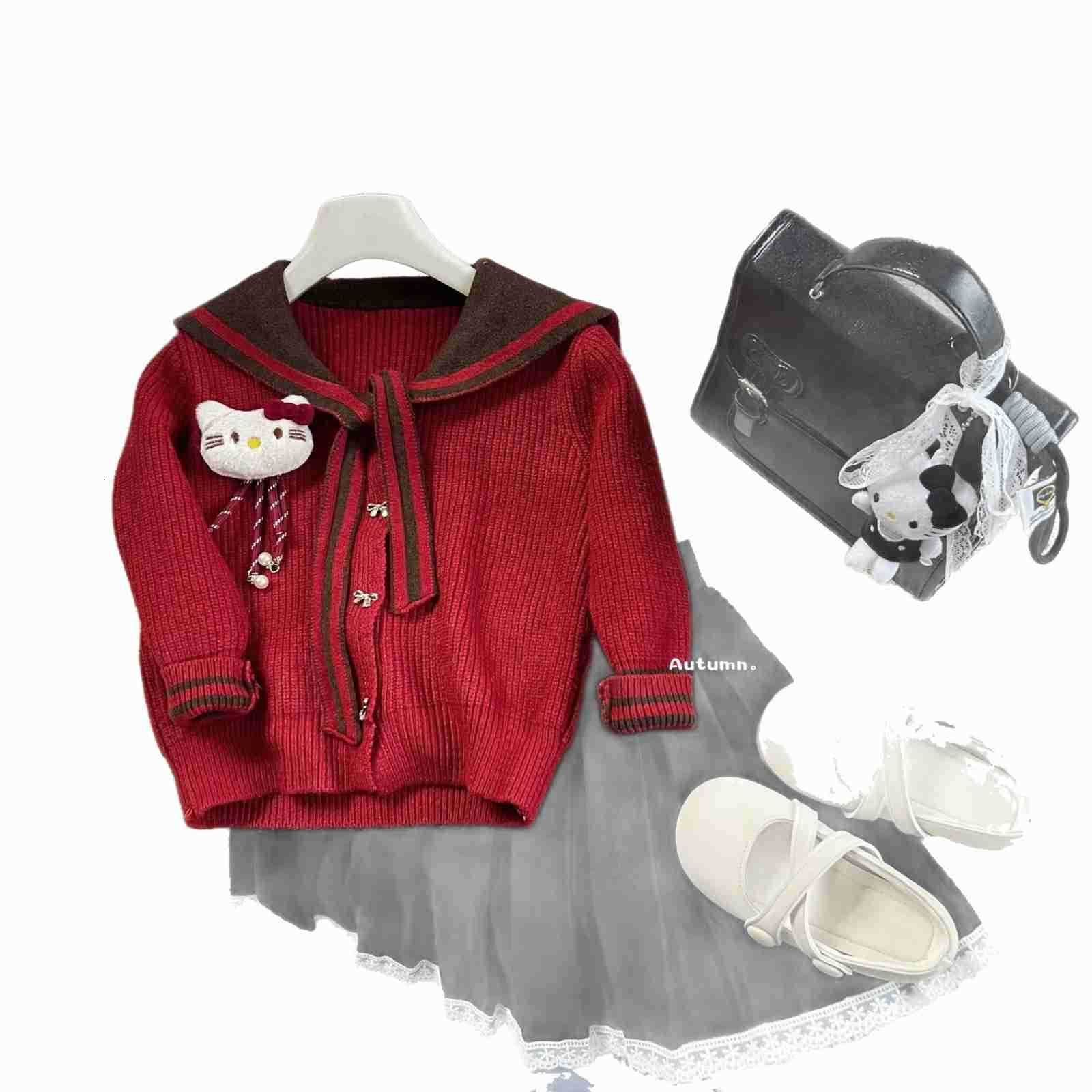 Sanrio Childrens Sweater 2025 Girls Winter New 3598KT Cat Big Kids Korean Style Simple Navy Wind Sweater Cardigan H251105