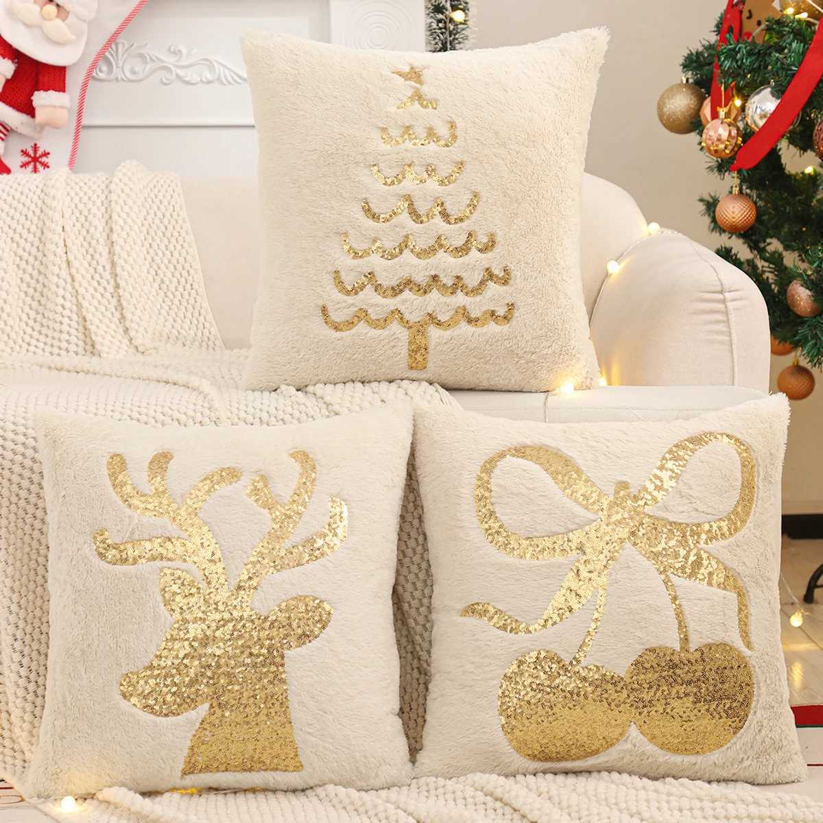 Throw Pillow Cover Christmas Decoration Faux Fur Christmas Tree Reindeer Winter Plush Farmhouse Home Sofa Living Room 1818 in Y251105