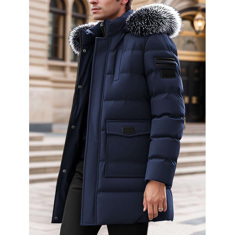 Men's Heavy-Duty Winter Coat, Detachable Fur-Like Hood & Collar, Long Jacket With Large Pockets, Cold-Weather Outerwear For Skiing And Commuting,