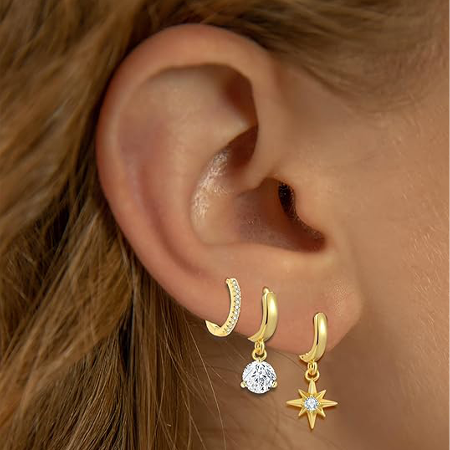 Huggie Hoop Earrings 18K Gold Plated Small Dangle Hoop Earrings Heart Pearl Star Flower CZ Cartilage Earring Sets for Multiple Piercing Stacks Stud Ho