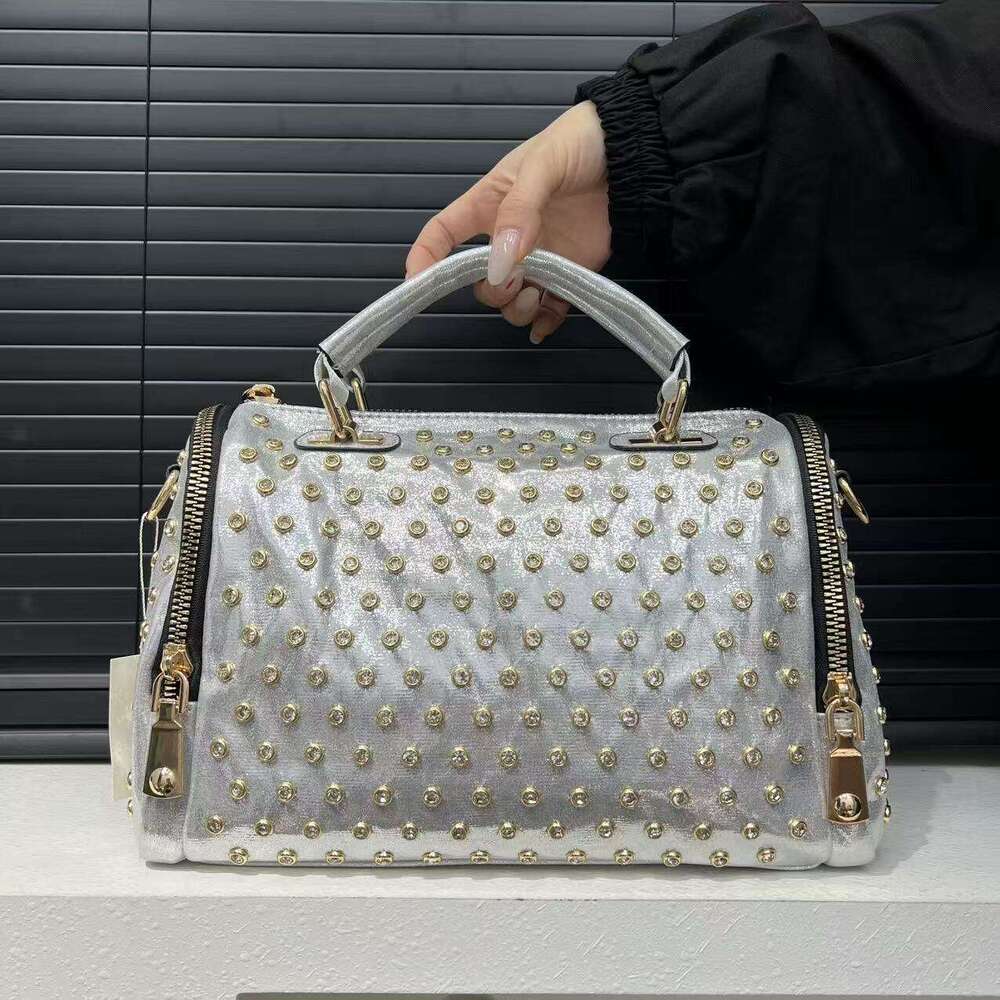 Ladies Fashion Elegant Nylon Tote Bag, Leopard Print, Full Dia Round Cylinder, Handmade Rhinestone, Boston Elegant, Single Shoulder, Brown, With Remov