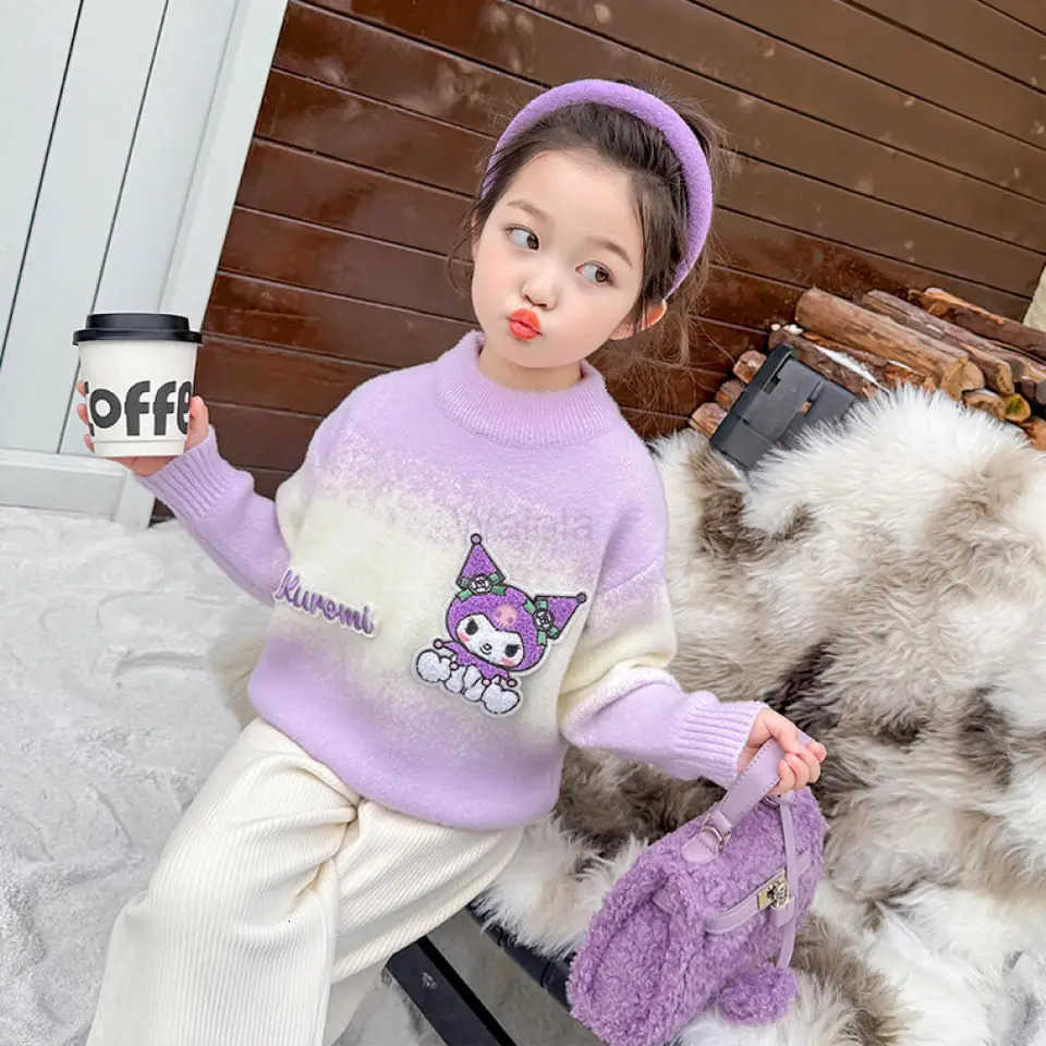 Sanrio Girls Cartoon Sweater New Autumn and Winter Childrens Winter Thickened Kuromi Baby Girls Winter Knitted Bottoming Shirt H251105