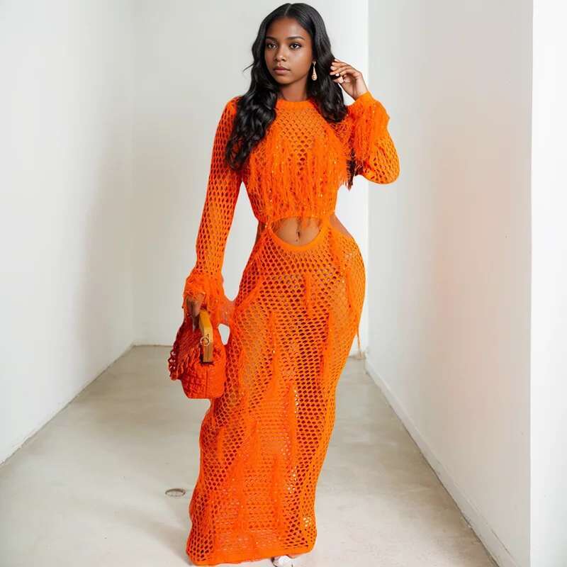 Women's Fashion Long Sleeves Knitted Female Hollow Out Tassel Casual Dresses Spring New Arrival 33A3872