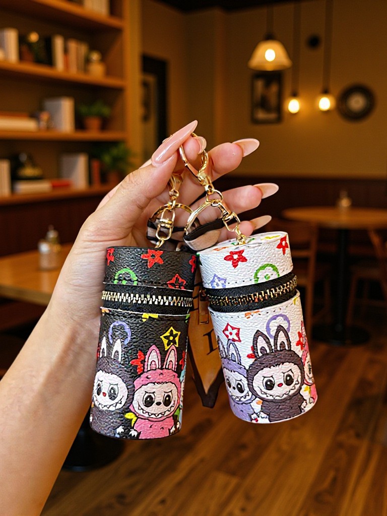 Free shipping designer keychains mini card leather change storage floral pendant keycard keybag Mini cylindrical makeup bag to carry with you - view 6