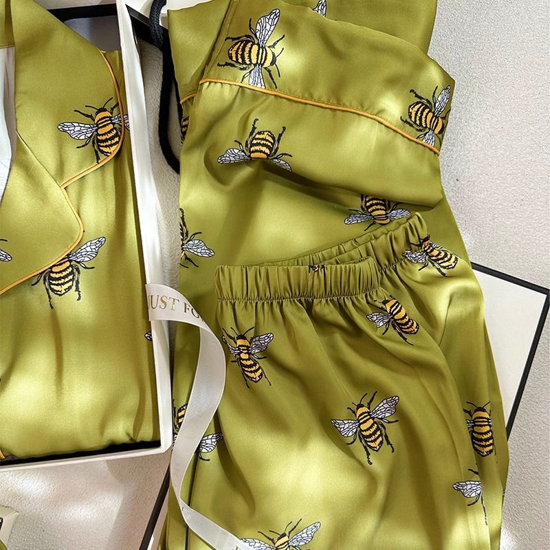 Designer Women Pajamas Set Spring Autumn 2 Piece Bee Print Luxcury Pyjama Pocket Faux Silk Satin Sleepwear Long Sleeve Pijama High Quality