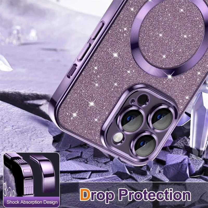 Electroplate With Lens Protector Case iPhone 15 14 13 12 11 16 Pro Max Plus For Magsafe Wireless Charge Bumper Glitter Cover