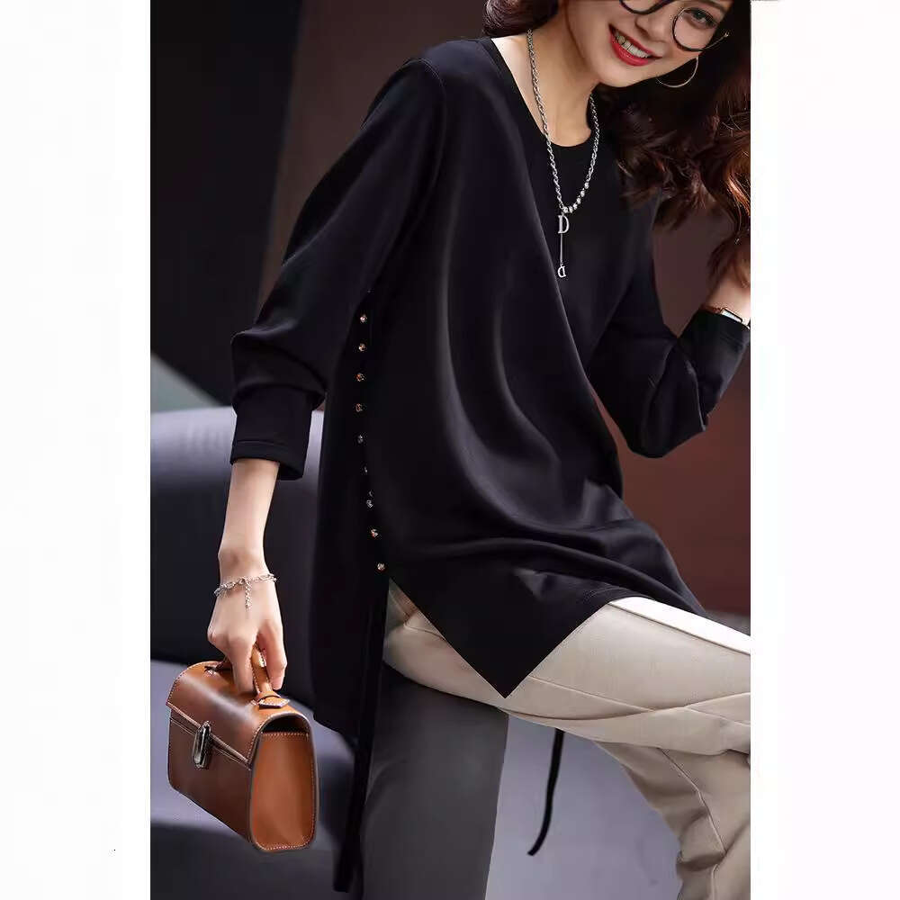 Plain Wood Plus Size Black Rhinestone T-Shirt For Women Autumn New Round Neck Top European Fashion Casual Women's Clothing B5